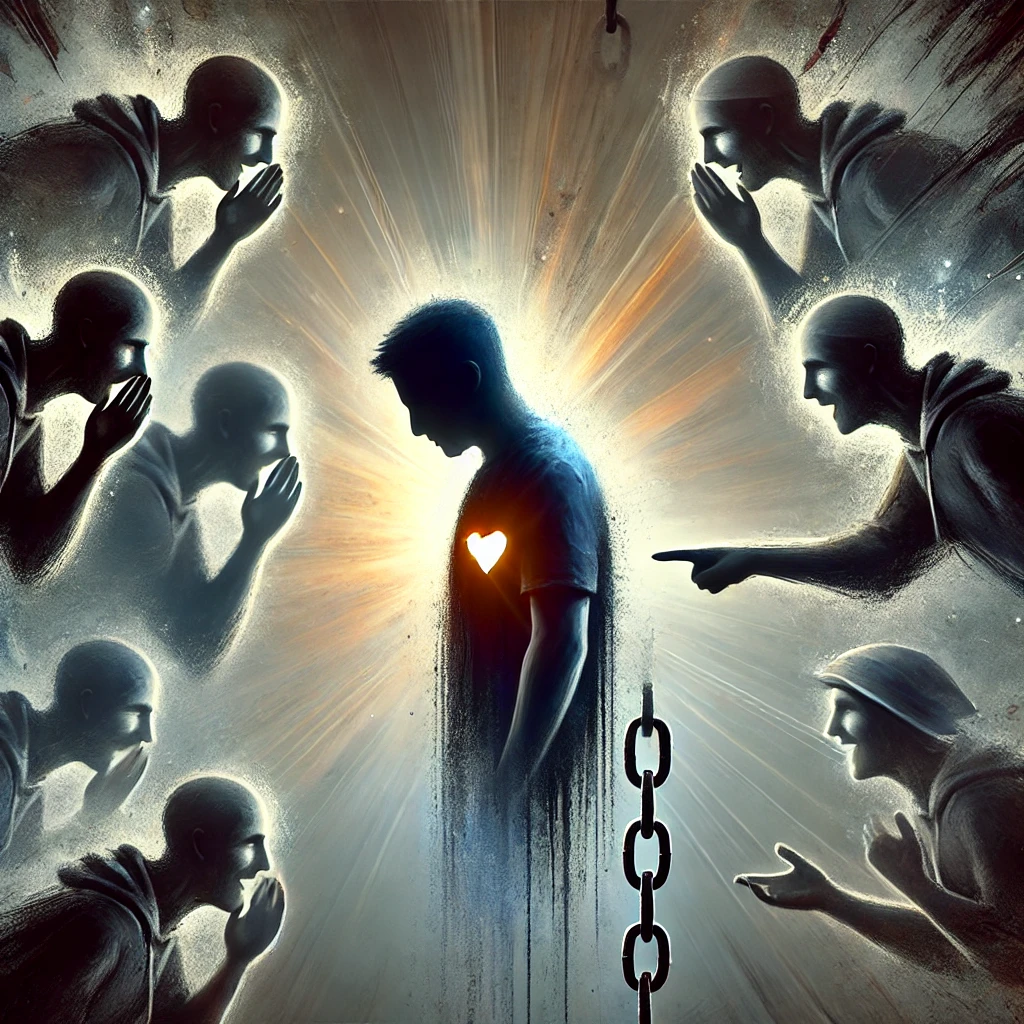 DALL·E 2025-01-23 11.38.59 - An emotional and thought-provoking image depicting the stigma surrounding mental health. A person is standing alone, looking downcast, surrounded by s