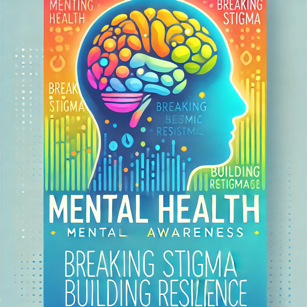 DALL·E 2025-01-23 13.00.51 - An eye-catching thumbnail for an article on mental health awareness. The design features a human silhouette with a glowing brain, surrounded by vibran