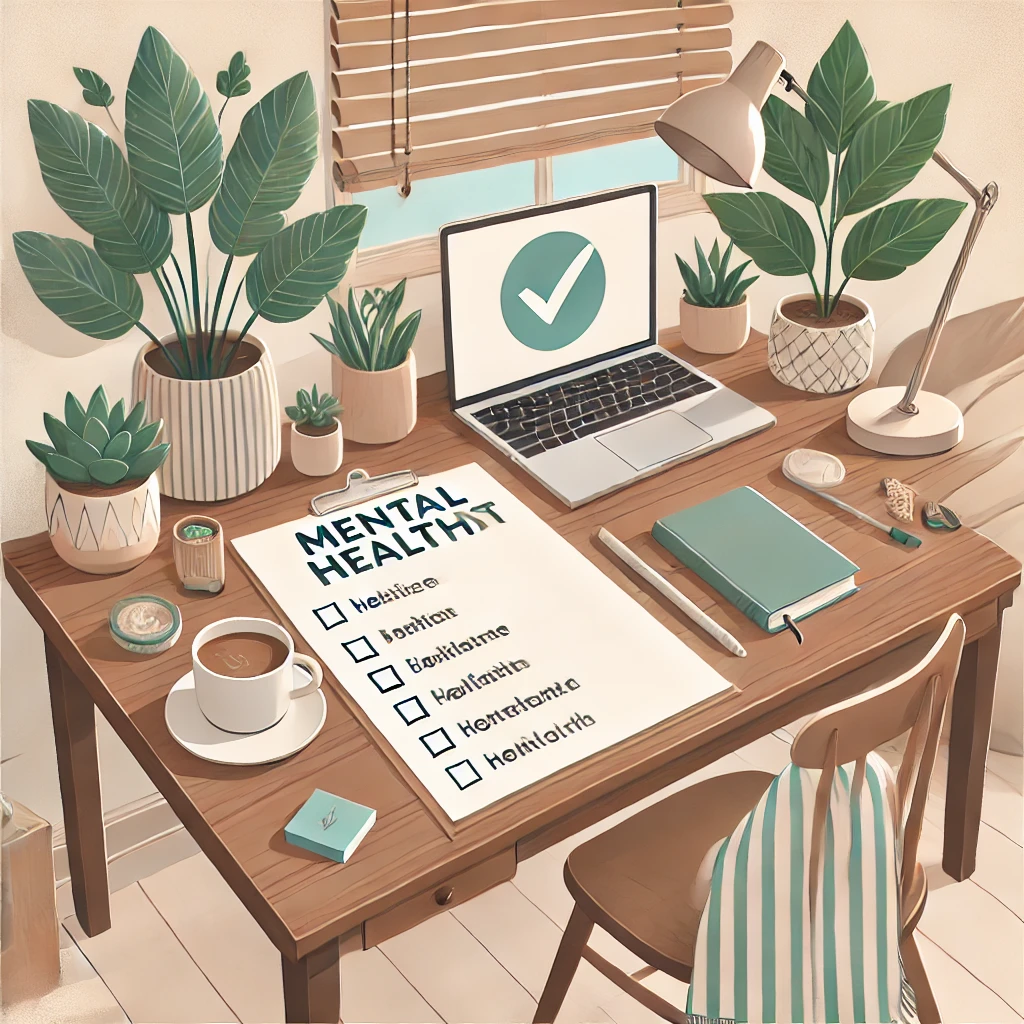 DALL·E 2025-01-24 06.56.57 - An illustration of a peaceful workspace with a mental health checklist on a desk, accompanied by items like a coffee cup, a plant, and a notebook, all