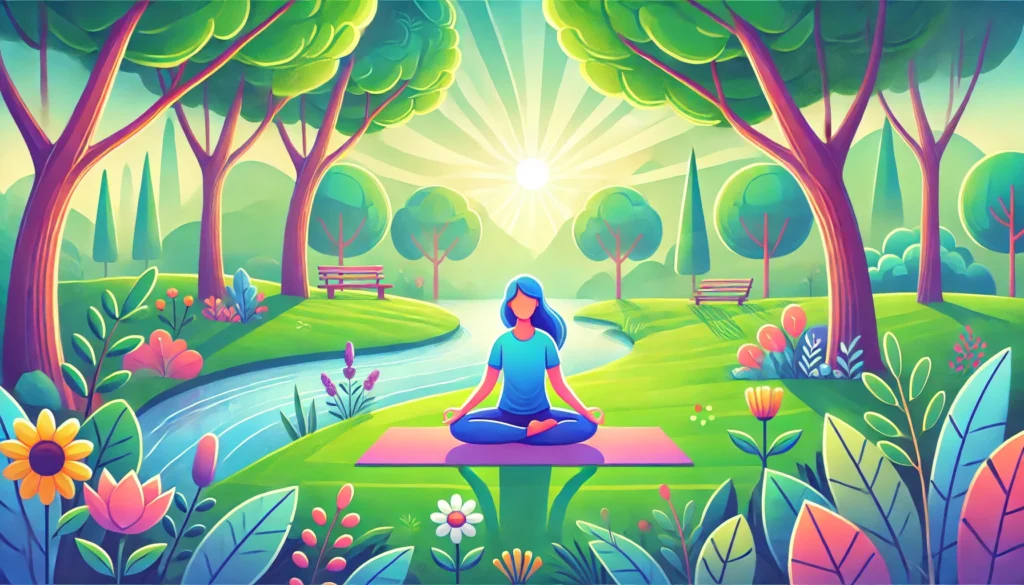 DALL·E 2025-01-24 08.51.15 - An illustration designed for a blog post about stress management techniques. The scene shows a person sitting cross-legged on a yoga mat, practicing m