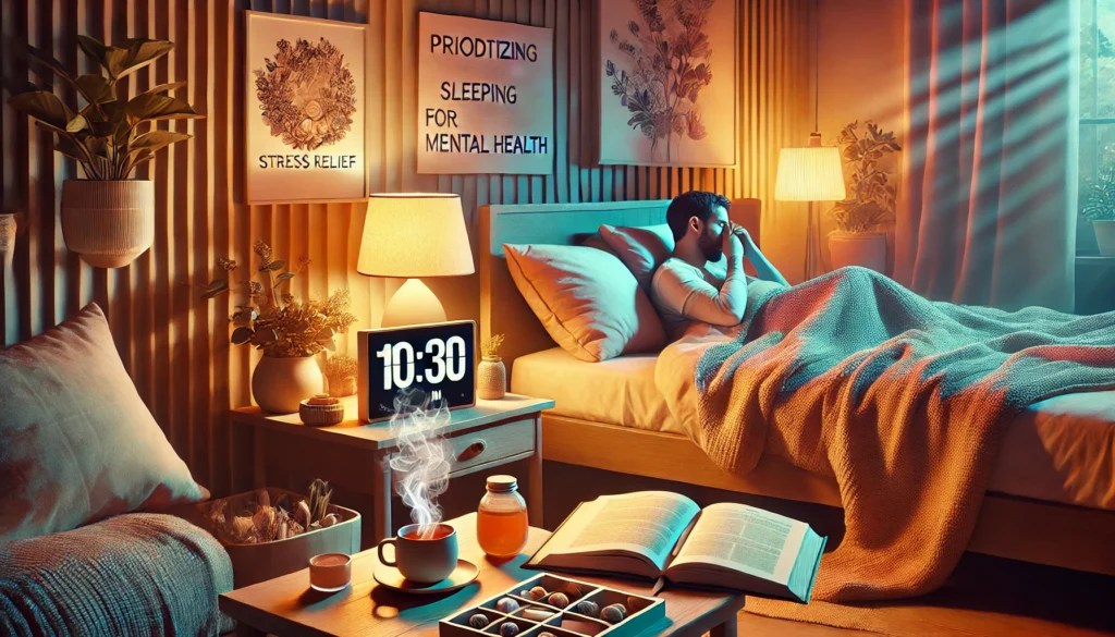 DALL·E 2025-01-24 08.51.18 - An artistic image promoting stress relief techniques. The scene features a cozy bedroom with a person lying on a comfortable bed, surrounded by warm,