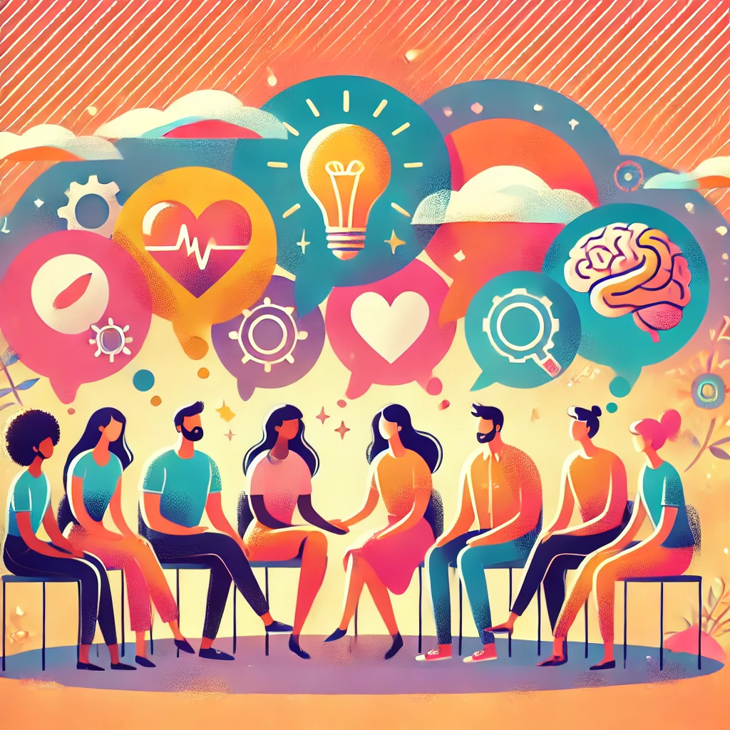 DALL·E 2025-01-28 07.47.48 - A vibrant and uplifting illustration symbolizing the destigmatization of conversations around mental health. The image features a diverse group of peo