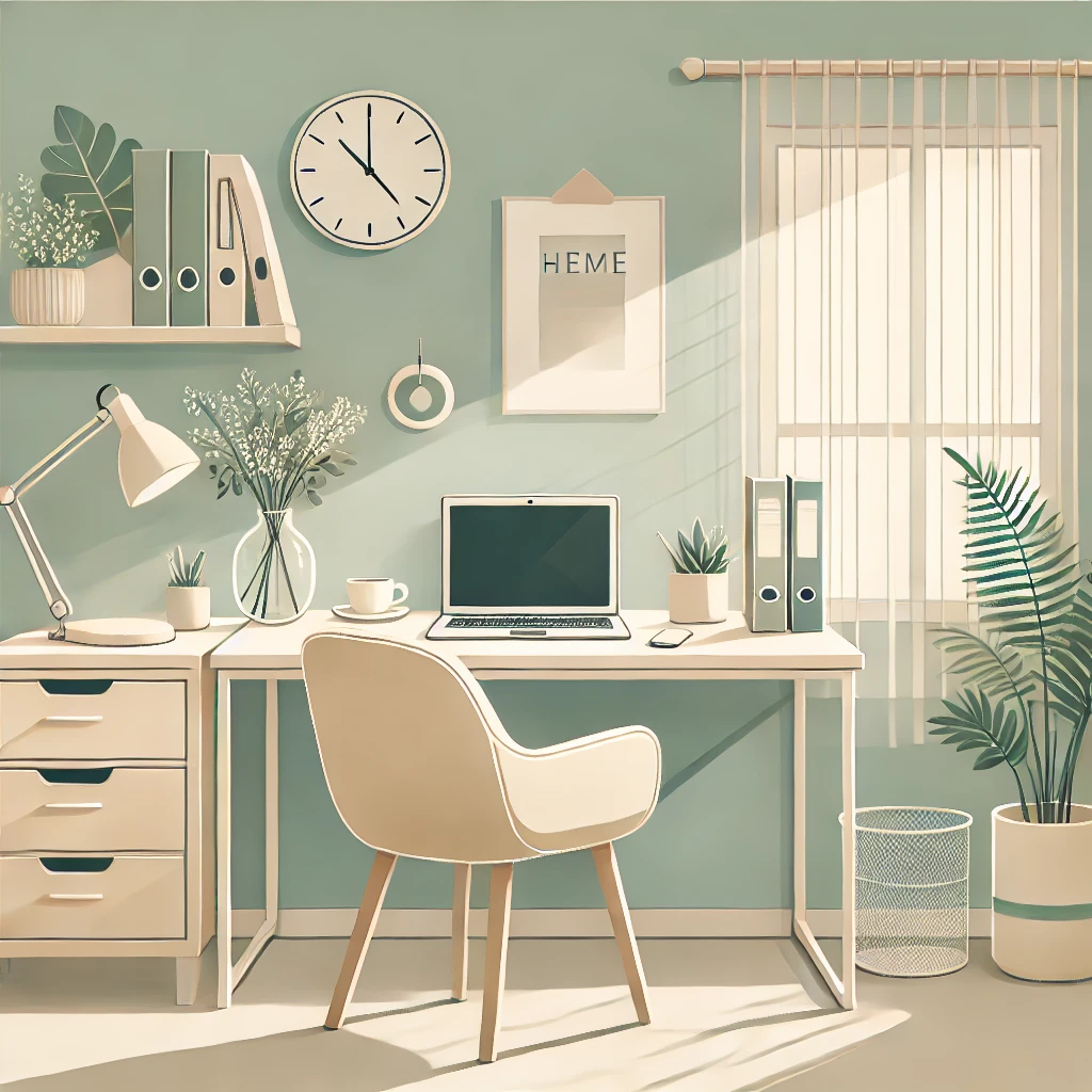 DALL·E 2025-01-28 18.42.40 - A serene and professional illustration of a home office setup, emphasizing work-life balance and mental health. The scene features a comfortable desk