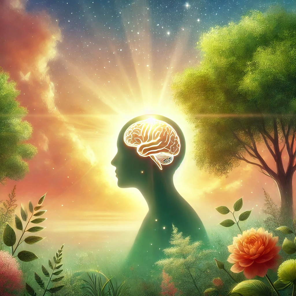 DALL·E 2025-01-29 17.42.37 - A serene and uplifting digital painting representing mental health awareness. The image features a peaceful human silhouette with a glowing brain, sur