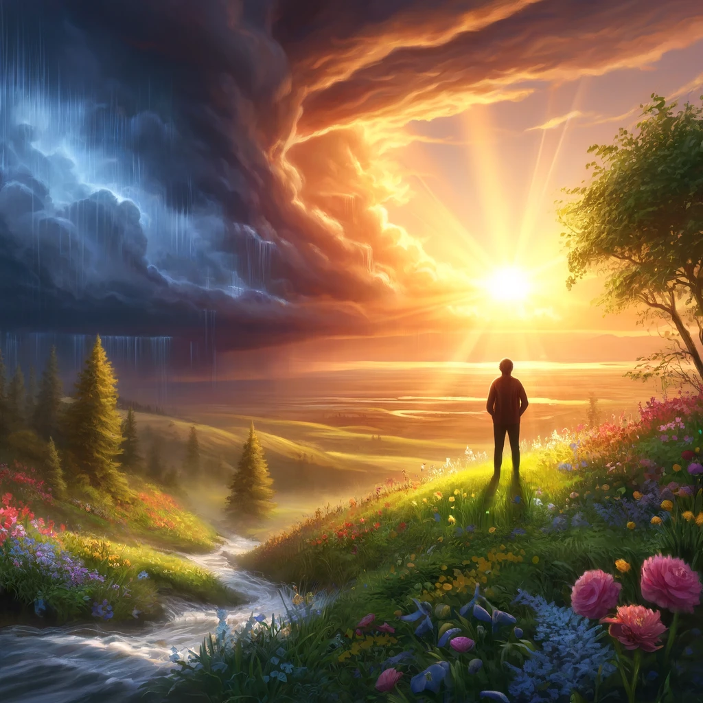 DALL·E 2025-01-29 17.43.53 - A peaceful and inspiring digital painting representing resilience and happiness. The image features a person standing on a hill, looking at a beautifu