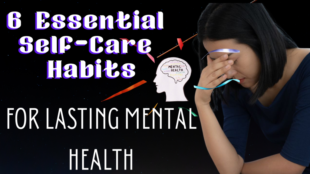 Person practicing self-care with mindfulness meditation, healthy food, exercise, quality sleep, and nurturing relationships for mental health.