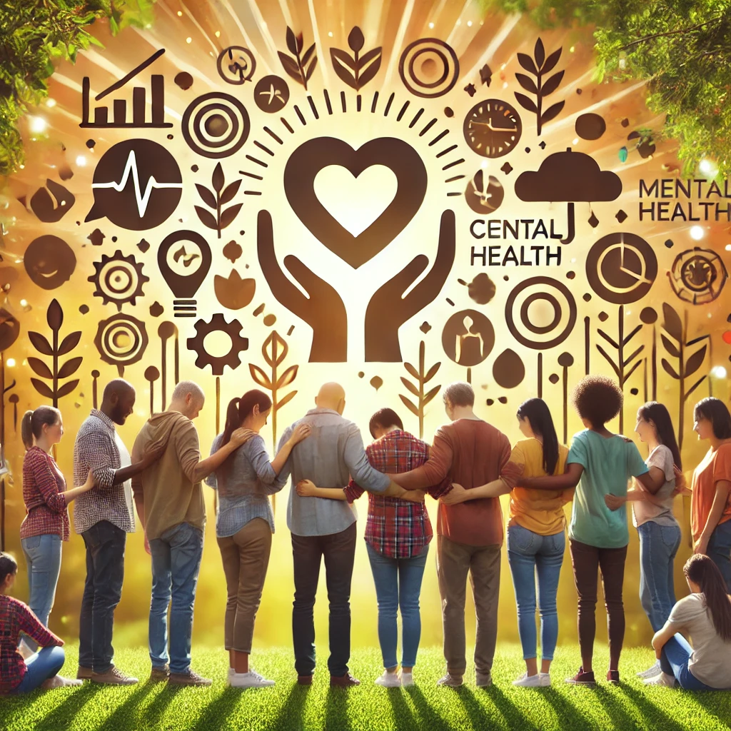 DALL·E 2025-01-23 11.42.30 - An uplifting image representing the idea that mental health is a community responsibility. A diverse group of people are standing together in a suppor