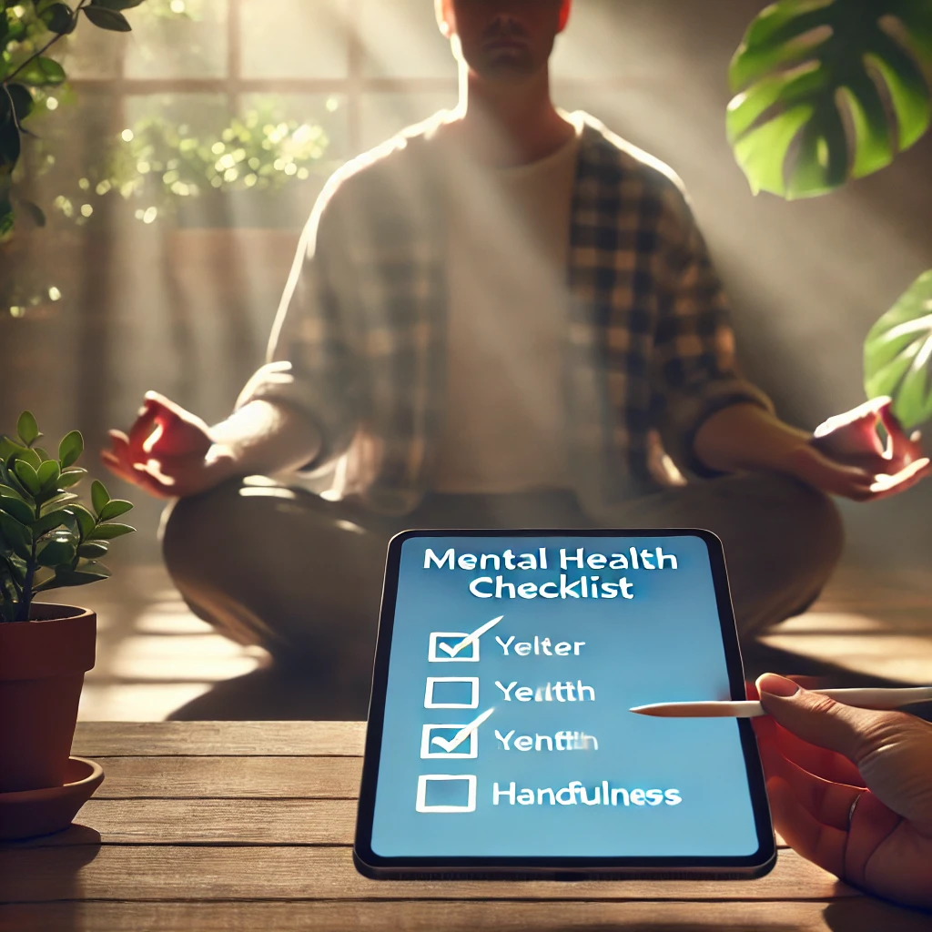 DALL·E 2025-01-24 06.57.02 - A person meditating in a calm, peaceful setting with a mental health checklist visible on a tablet or phone. The person is seated in a tranquil enviro